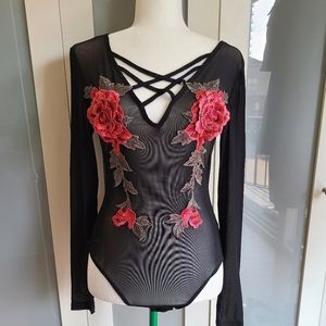 Black Mesh Body Suit with Floral Rose 3D Appliqués